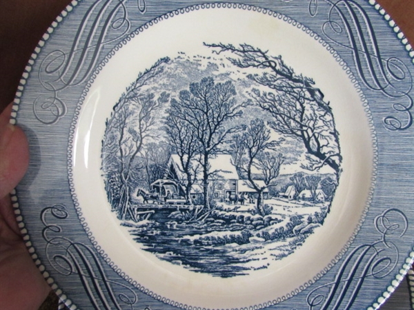 CURRIER & IVES BLUE & WHITE TRANSFERWARE DINNERWARE - PLATES & BOWLS