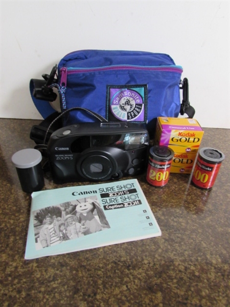 35mm CANON SURE SHOT CAMERA W/FILM, CASE & OWNERS MANUAL