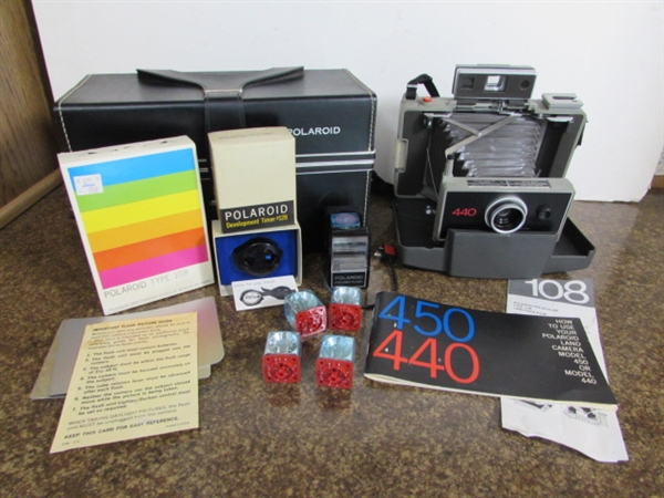 VINTAGE POLAROID LAND CAMERA W/FILM, FLASH UNIT, BULBS & MORE