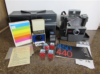 VINTAGE POLAROID LAND CAMERA W/FILM, FLASH UNIT, BULBS & MORE