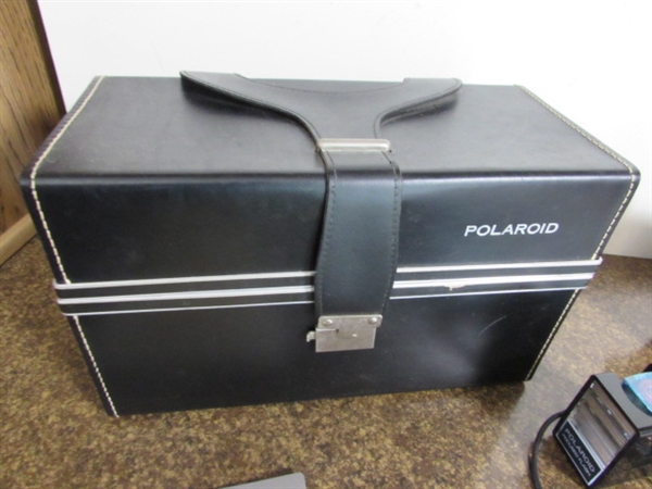 VINTAGE POLAROID LAND CAMERA W/FILM, FLASH UNIT, BULBS & MORE