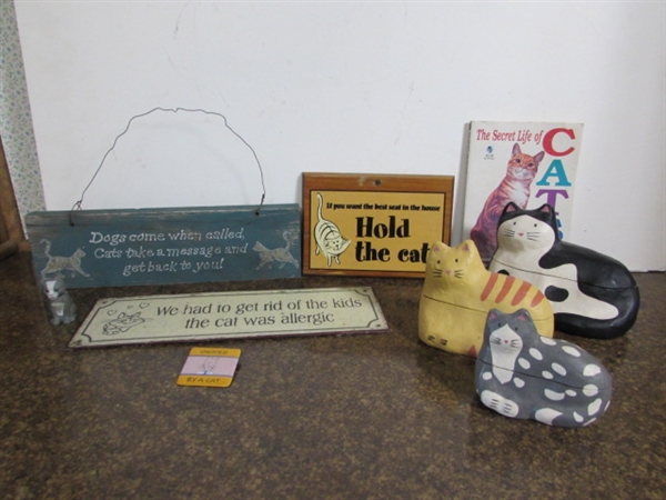 PAPER MACHE NESTING KITTY'S, WALL HANGINGS W/CAT SAYINGS & MORE