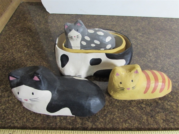 PAPER MACHE NESTING KITTY'S, WALL HANGINGS W/CAT SAYINGS & MORE