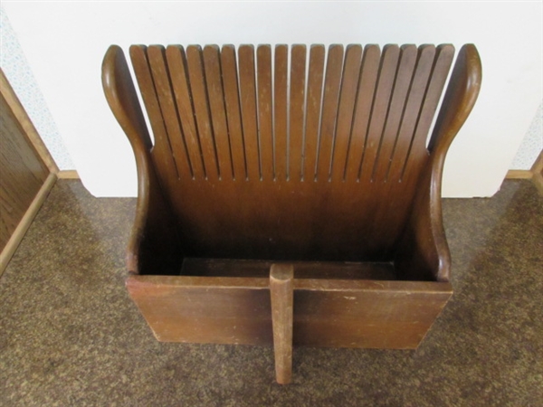 VINTAGE WOODEN CRANBERRY RAKE, BATH TRAY & SMALL STOOL