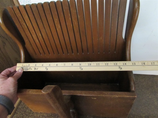 VINTAGE WOODEN CRANBERRY RAKE, BATH TRAY & SMALL STOOL