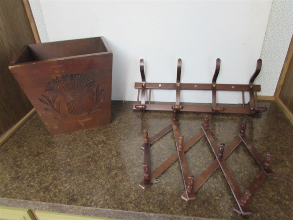 CARVED WOODEN BIN, WALL MUG HOLDER & COAT/HAT RACK