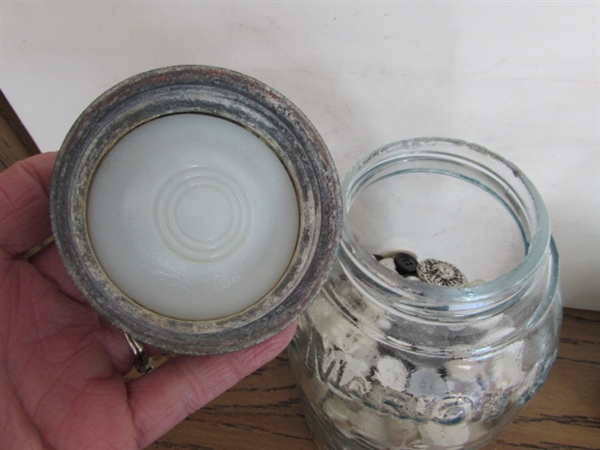 3 VINTAGE/ANTIQUE 1/2 GALLON BLUE JARS W/BUTTON COLLECTION