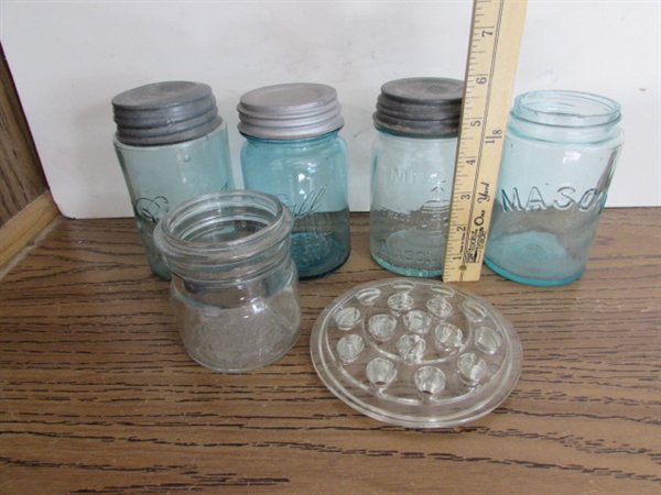 SMALL VTG/ANTIQUE BLUE PINT/JELLY JARS & GLASS FLOWER FROG