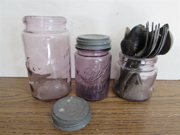 VINTAGE/ANTIQUE PURPLE JARS & HEAVILY TARNISHED SILVERPLATE FLATWARE