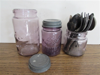 VINTAGE/ANTIQUE PURPLE JARS & HEAVILY TARNISHED SILVERPLATE FLATWARE