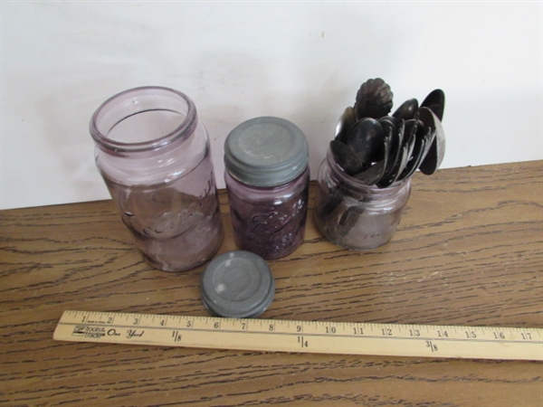 VINTAGE/ANTIQUE PURPLE JARS & HEAVILY TARNISHED SILVERPLATE FLATWARE