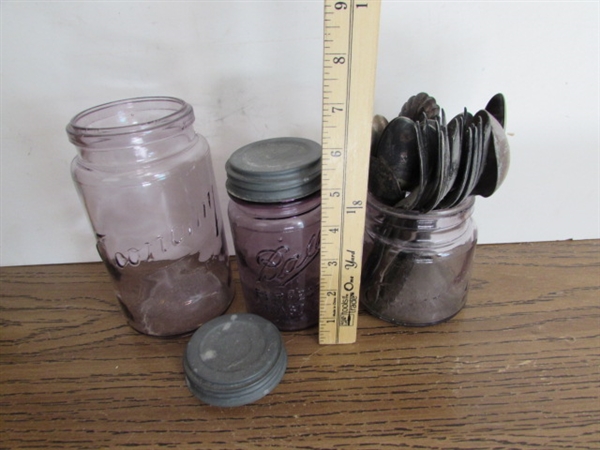 VINTAGE/ANTIQUE PURPLE JARS & HEAVILY TARNISHED SILVERPLATE FLATWARE