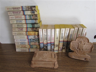 PAPERBACK HISTORICAL NOVELS W/BOOKENDS & TRINKET BOX