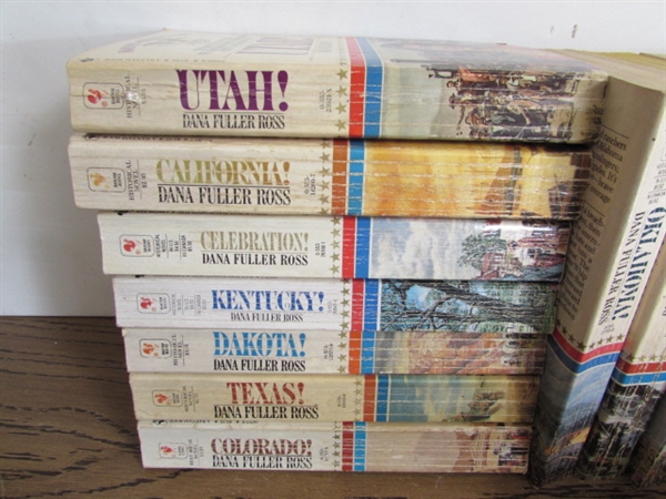 PAPERBACK HISTORICAL NOVELS W/BOOKENDS & TRINKET BOX