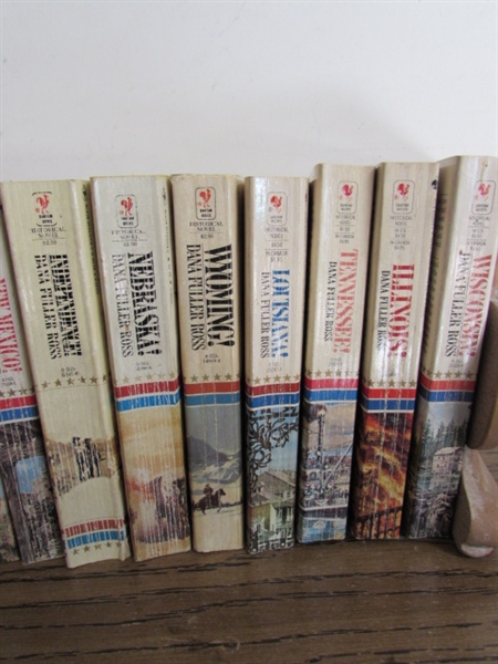 PAPERBACK HISTORICAL NOVELS W/BOOKENDS & TRINKET BOX