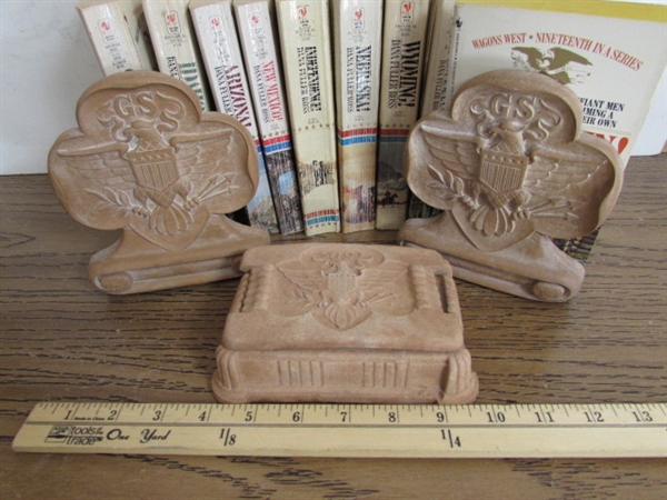 PAPERBACK HISTORICAL NOVELS W/BOOKENDS & TRINKET BOX