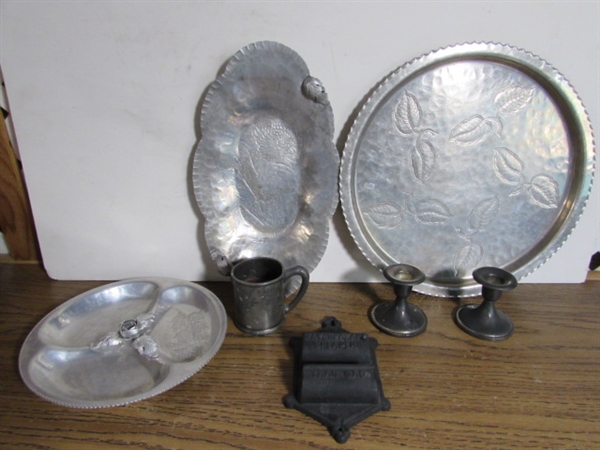 HAND WROUGHT ALUMINUM PLATTERS, CAST IRON MATCH HOLDER & SILVER PLATE CUP W/CANDLE & CANDLESTICKS