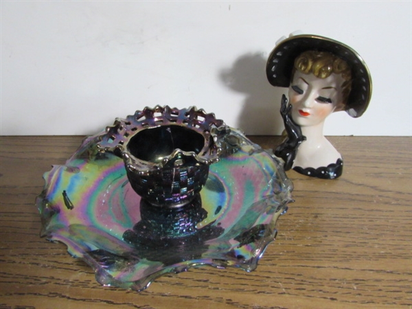 PURPLE IRIDESCENT CARNIVAL GLASS PLATE & FENTON BASKET BOWL & LADIES BUST VASE