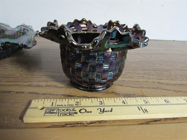 PURPLE IRIDESCENT CARNIVAL GLASS PLATE & FENTON BASKET BOWL & LADIES BUST VASE