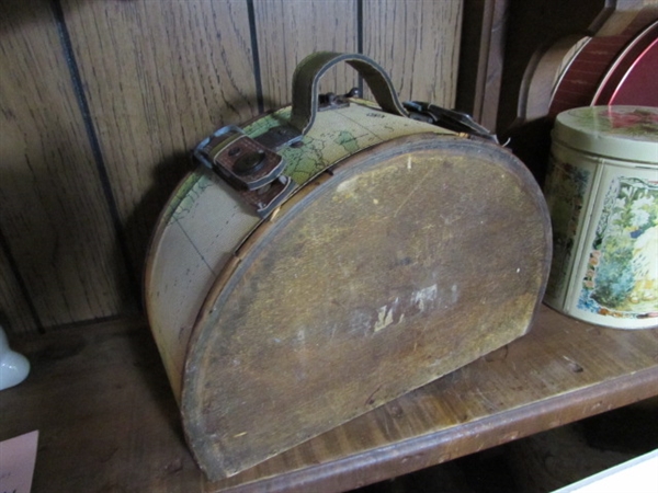 VINTAGE WOODEN CASE & METAL TINS