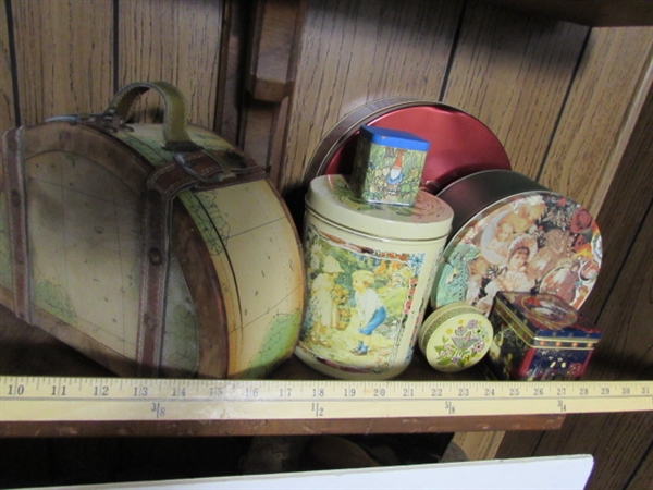 VINTAGE WOODEN CASE & METAL TINS