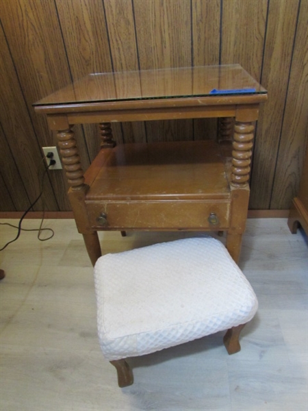 SOLID MAPLE NIGHTSTAND W/DRAWER & FOOTSTOOL