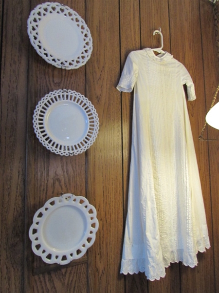 VINTAGE MILK GLASS PLATES AND BABY CHRISTENING GOWN