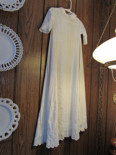 VINTAGE MILK GLASS PLATES AND BABY CHRISTENING GOWN