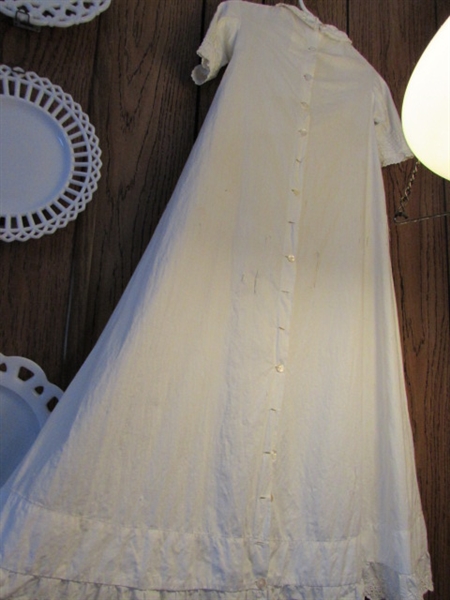 VINTAGE MILK GLASS PLATES AND BABY CHRISTENING GOWN