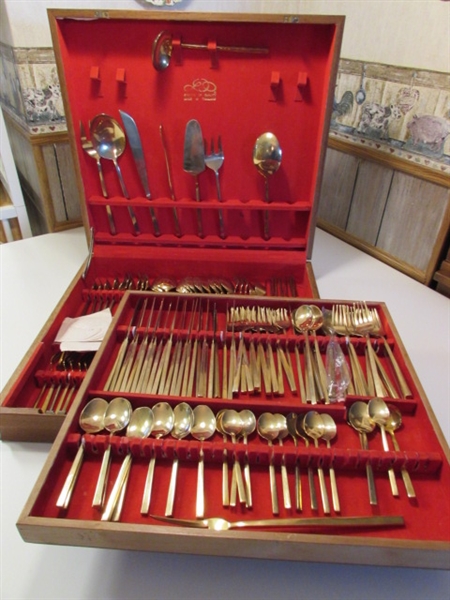 HUGE SET OF VINTAGE BRASS FLATWARE IN CHEST FROM THAILAND