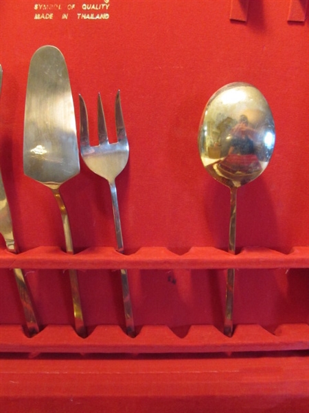 HUGE SET OF VINTAGE BRASS FLATWARE IN CHEST FROM THAILAND