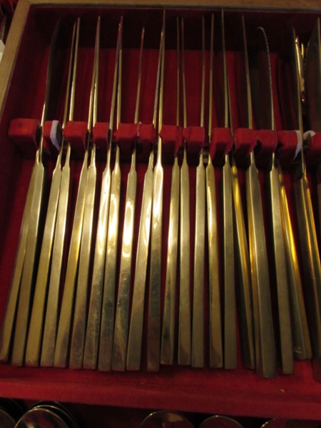 HUGE SET OF VINTAGE BRASS FLATWARE IN CHEST FROM THAILAND