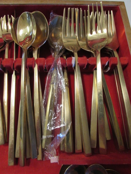 HUGE SET OF VINTAGE BRASS FLATWARE IN CHEST FROM THAILAND