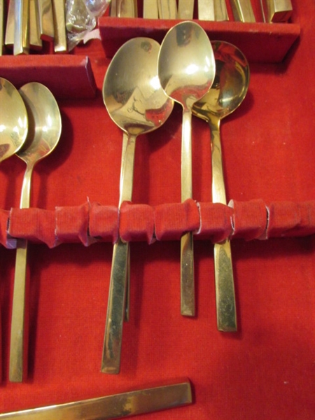 HUGE SET OF VINTAGE BRASS FLATWARE IN CHEST FROM THAILAND