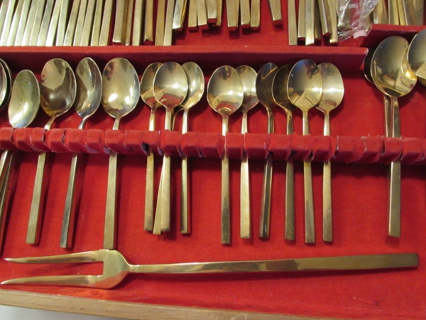 HUGE SET OF VINTAGE BRASS FLATWARE IN CHEST FROM THAILAND