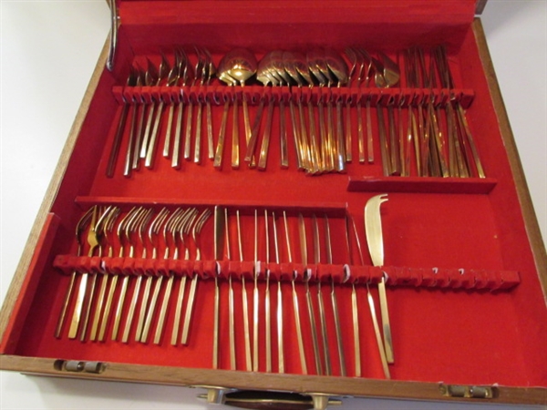 HUGE SET OF VINTAGE BRASS FLATWARE IN CHEST FROM THAILAND