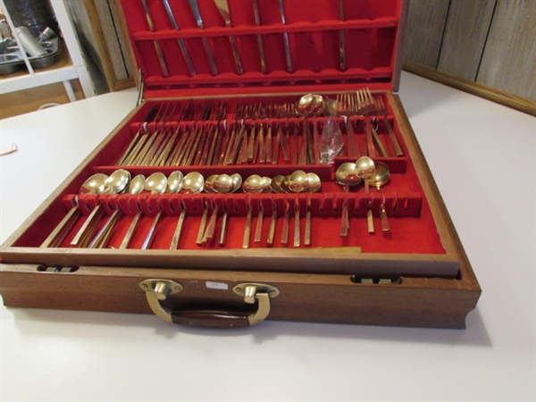 HUGE SET OF VINTAGE BRASS FLATWARE IN CHEST FROM THAILAND