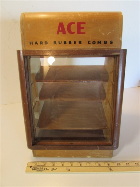 SMALL VINTAGE WOODEN COMB DISPLAY CASE & MORE