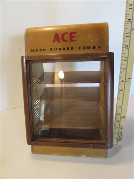 SMALL VINTAGE WOODEN COMB DISPLAY CASE & MORE