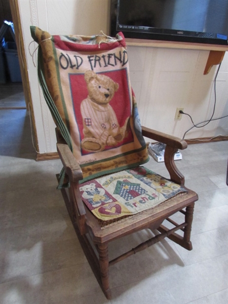 ANTIQUE EASTLAKE CANED ROCKING CHAIR W/BEAR BLANKETS