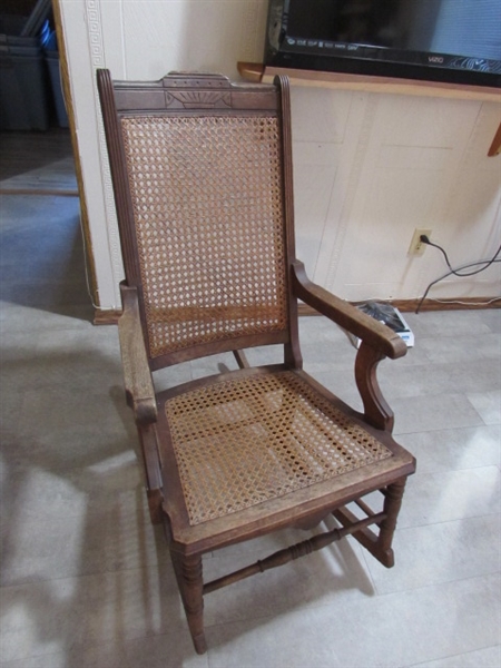 ANTIQUE EASTLAKE CANED ROCKING CHAIR W/BEAR BLANKETS