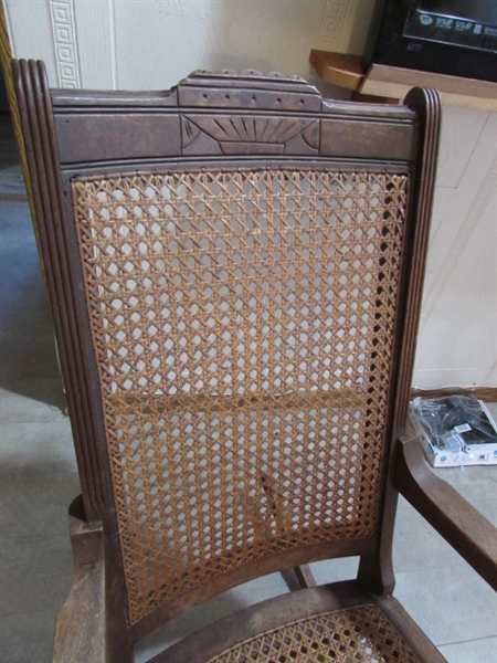 ANTIQUE EASTLAKE CANED ROCKING CHAIR W/BEAR BLANKETS