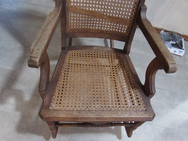 ANTIQUE EASTLAKE CANED ROCKING CHAIR W/BEAR BLANKETS