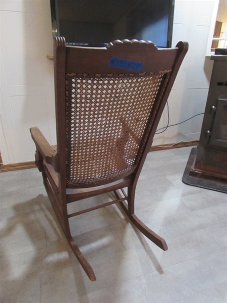 ANTIQUE EASTLAKE CANED ROCKING CHAIR W/BEAR BLANKETS