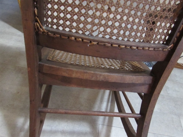 ANTIQUE EASTLAKE CANED ROCKING CHAIR W/BEAR BLANKETS