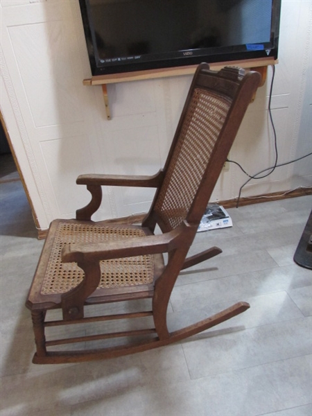 ANTIQUE EASTLAKE CANED ROCKING CHAIR W/BEAR BLANKETS