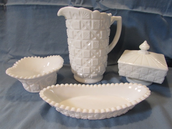 VINTAGE WESTMORELAND OLD QUILT MILK GLASS PITCHER, COVERED DISH & BOWLS