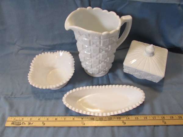 VINTAGE WESTMORELAND OLD QUILT MILK GLASS PITCHER, COVERED DISH & BOWLS