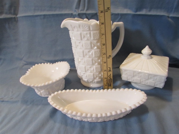 VINTAGE WESTMORELAND OLD QUILT MILK GLASS PITCHER, COVERED DISH & BOWLS