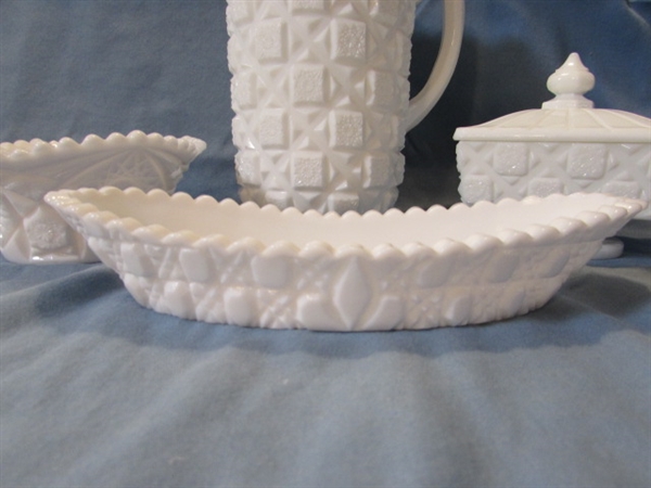 VINTAGE WESTMORELAND OLD QUILT MILK GLASS PITCHER, COVERED DISH & BOWLS